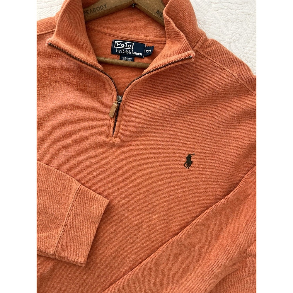 Polo Ralph Lauren Sweater Mens XXL Orange 1/4 Zip Cotton Pony Leather Pull